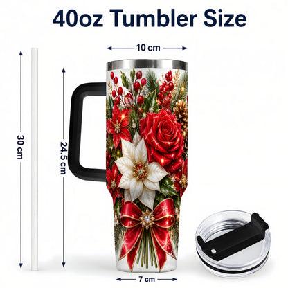 #pl[40oz|Black] Christmas Rose 40oz Tumbler with Handle, Festive Poinsettia Artwork