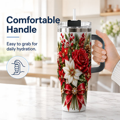 #pl[40oz|Black] Christmas Rose 40oz Tumbler with Handle, Festive Poinsettia Artwork