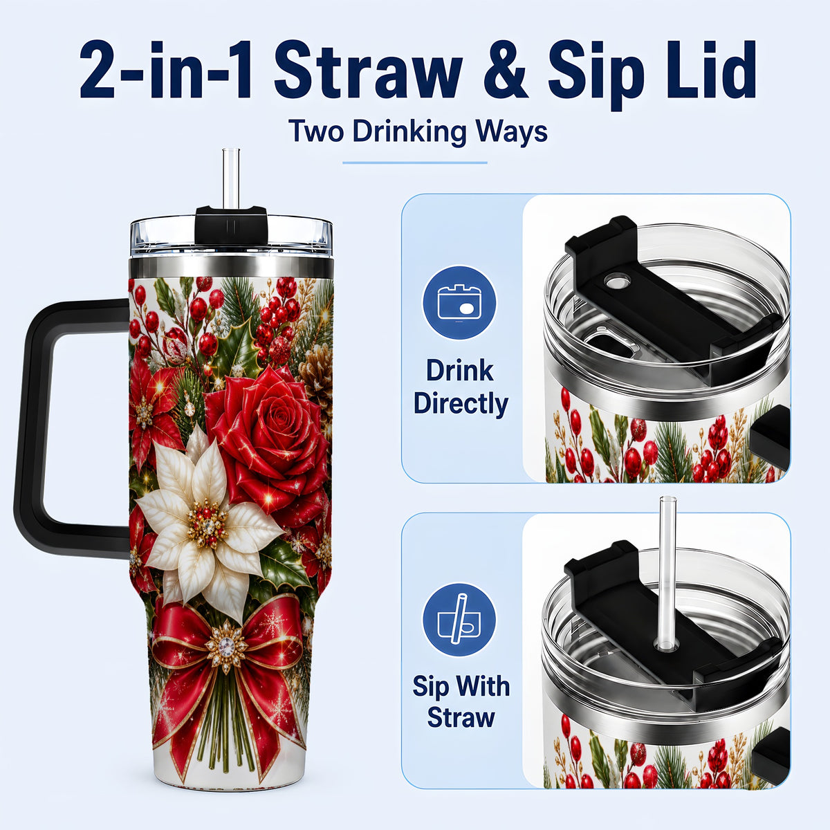 #pl[40oz|Black] Christmas Rose 40oz Tumbler with Handle, Festive Poinsettia Artwork