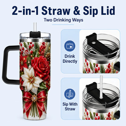 #pl[40oz|Black] Christmas Rose 40oz Tumbler with Handle, Festive Poinsettia Artwork