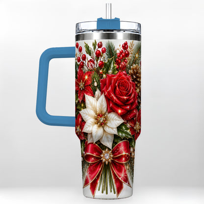 #pl[40oz|Blue] Christmas Rose 40oz Tumbler with Handle, Festive Poinsettia Artwork