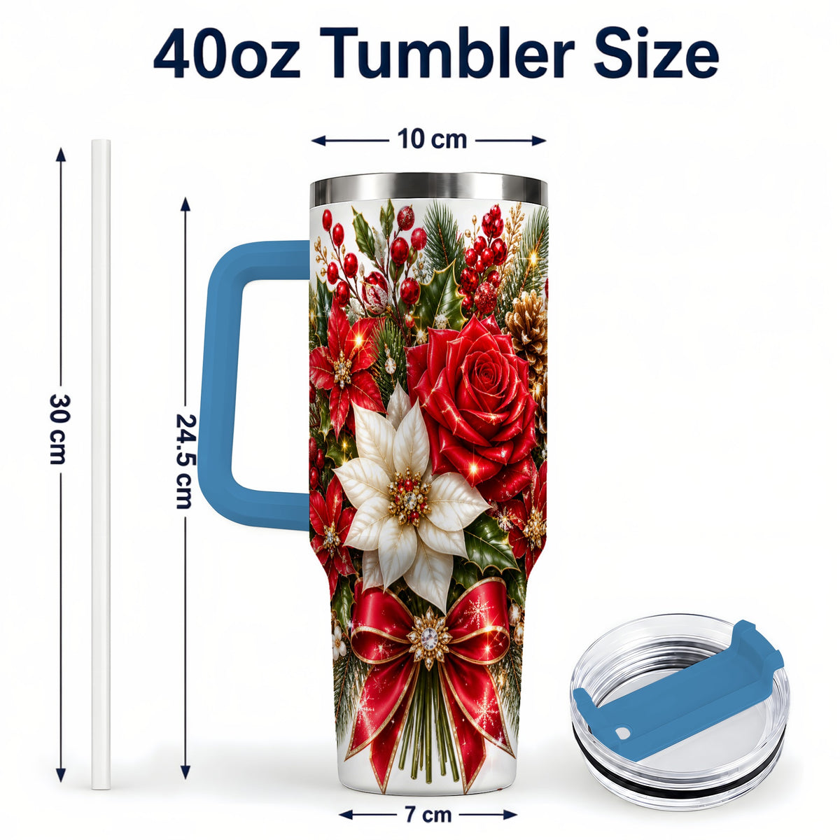 #pl[40oz|Blue] Christmas Rose 40oz Tumbler with Handle, Festive Poinsettia Artwork