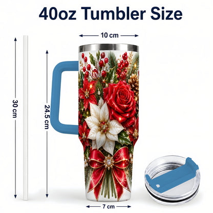 #pl[40oz|Blue] Christmas Rose 40oz Tumbler with Handle, Festive Poinsettia Artwork