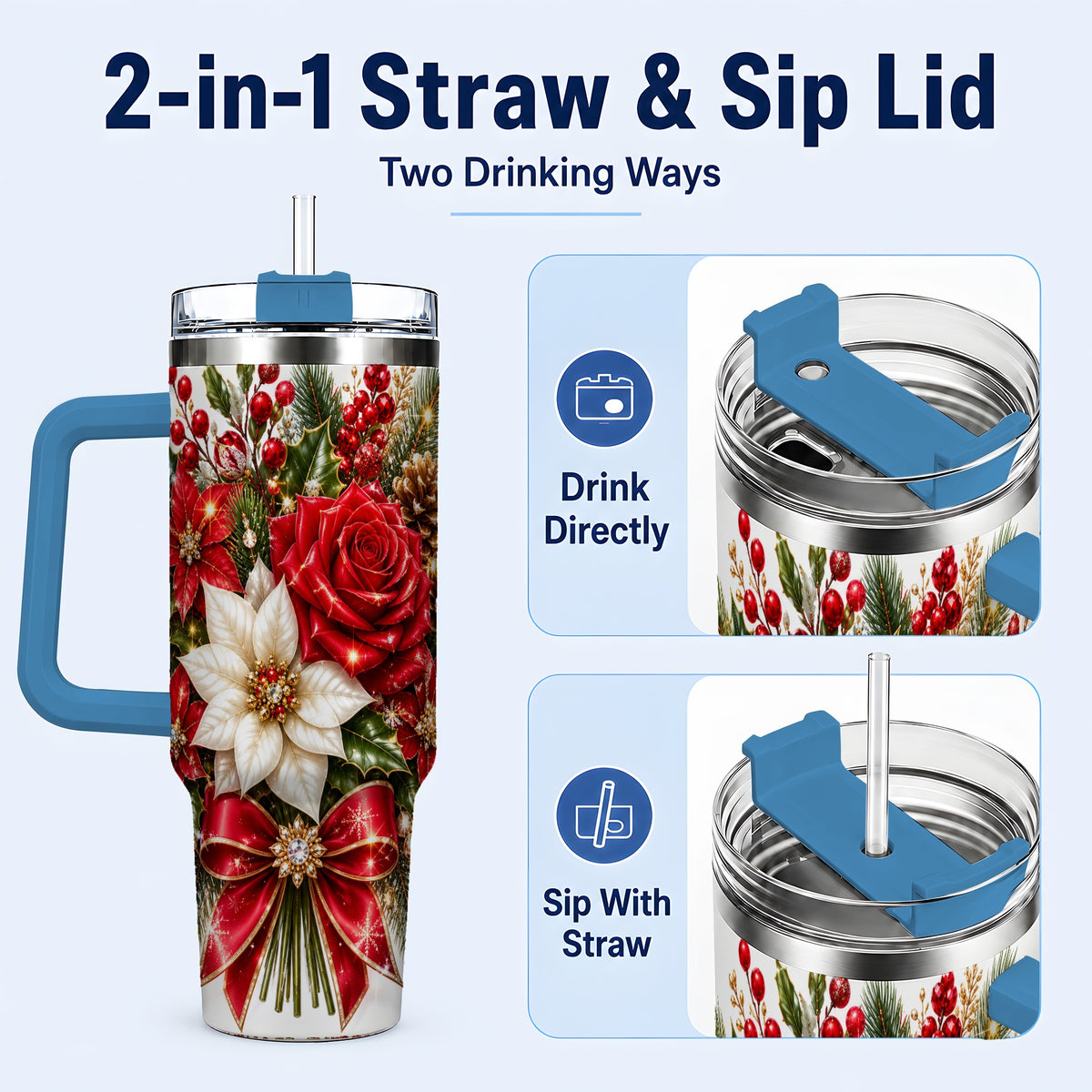 #pl[40oz|Blue] Christmas Rose 40oz Tumbler with Handle, Festive Poinsettia Artwork