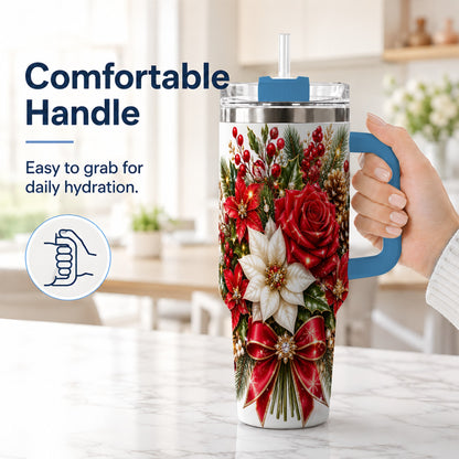 #pl[40oz|Blue] Christmas Rose 40oz Tumbler with Handle, Festive Poinsettia Artwork