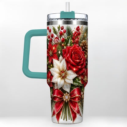 #pl[40oz|Green] Christmas Rose 40oz Tumbler with Handle, Festive Poinsettia Artwork