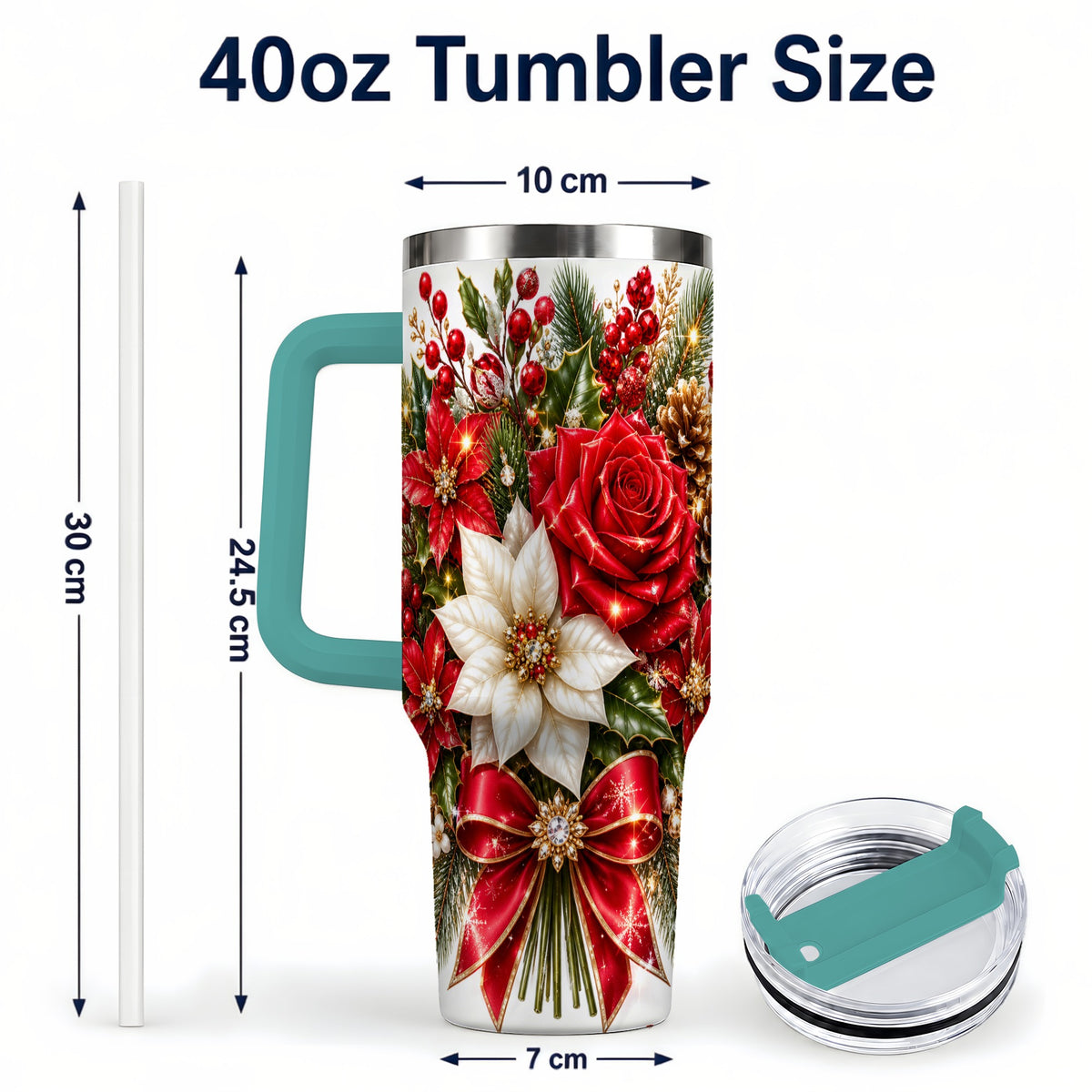 #pl[40oz|Green] Christmas Rose 40oz Tumbler with Handle, Festive Poinsettia Artwork