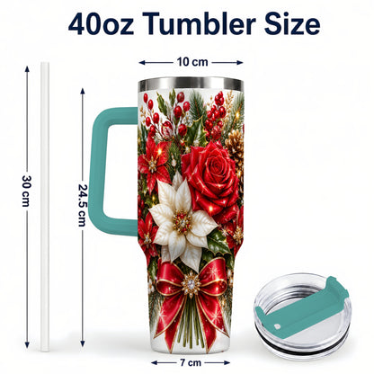#pl[40oz|Green] Christmas Rose 40oz Tumbler with Handle, Festive Poinsettia Artwork