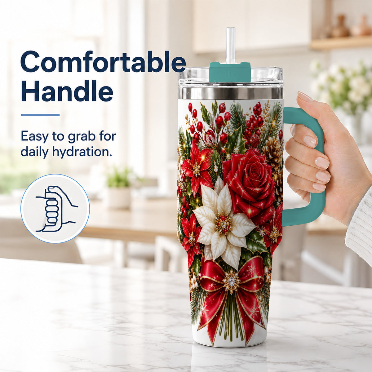 #pl[40oz|Green] Christmas Rose 40oz Tumbler with Handle, Festive Poinsettia Artwork