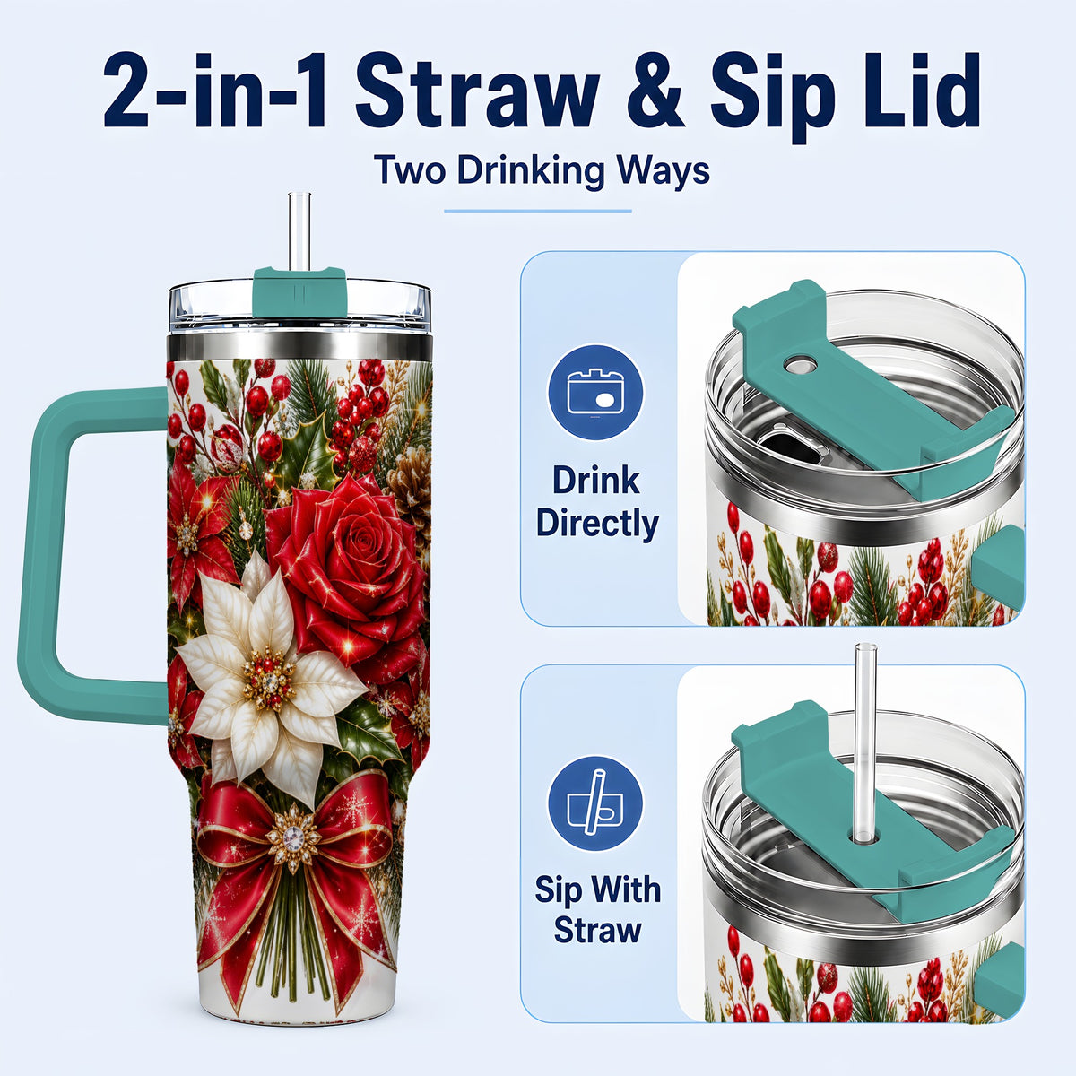 #pl[40oz|Green] Christmas Rose 40oz Tumbler with Handle, Festive Poinsettia Artwork