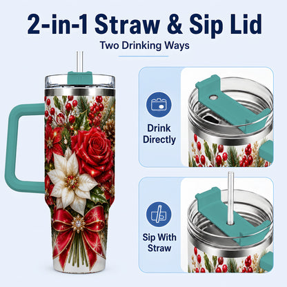 #pl[40oz|Green] Christmas Rose 40oz Tumbler with Handle, Festive Poinsettia Artwork