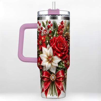 #pl[40oz|Pink] Christmas Rose 40oz Tumbler with Handle, Festive Poinsettia Artwork