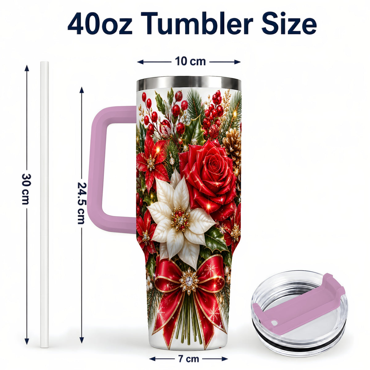 #pl[40oz|Pink] Christmas Rose 40oz Tumbler with Handle, Festive Poinsettia Artwork