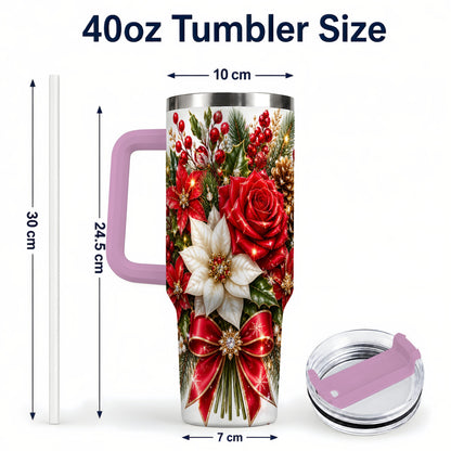 #pl[40oz|Pink] Christmas Rose 40oz Tumbler with Handle, Festive Poinsettia Artwork