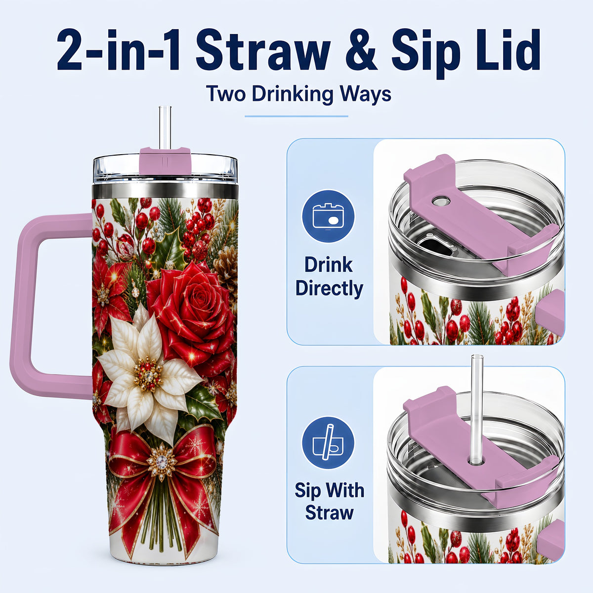 #pl[40oz|Pink] Christmas Rose 40oz Tumbler with Handle, Festive Poinsettia Artwork