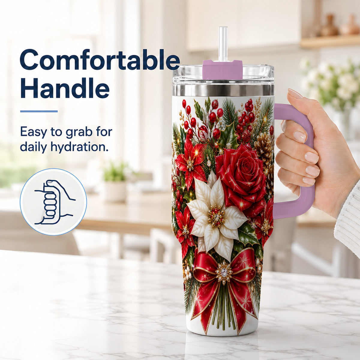 #pl[40oz|Pink] Christmas Rose 40oz Tumbler with Handle, Festive Poinsettia Artwork
