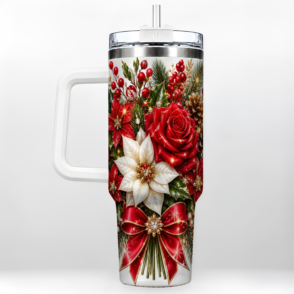 Christmas Rose 40oz Tumbler with Handle, Festive Poinsettia Artwork