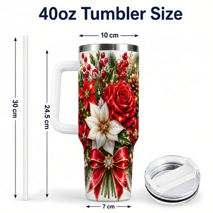 #pl[40oz|White] Christmas Rose 40oz Tumbler with Handle, Festive Poinsettia Artwork