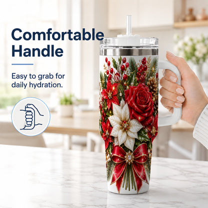 #pl[40oz|White] Christmas Rose 40oz Tumbler with Handle, Festive Poinsettia Artwork
