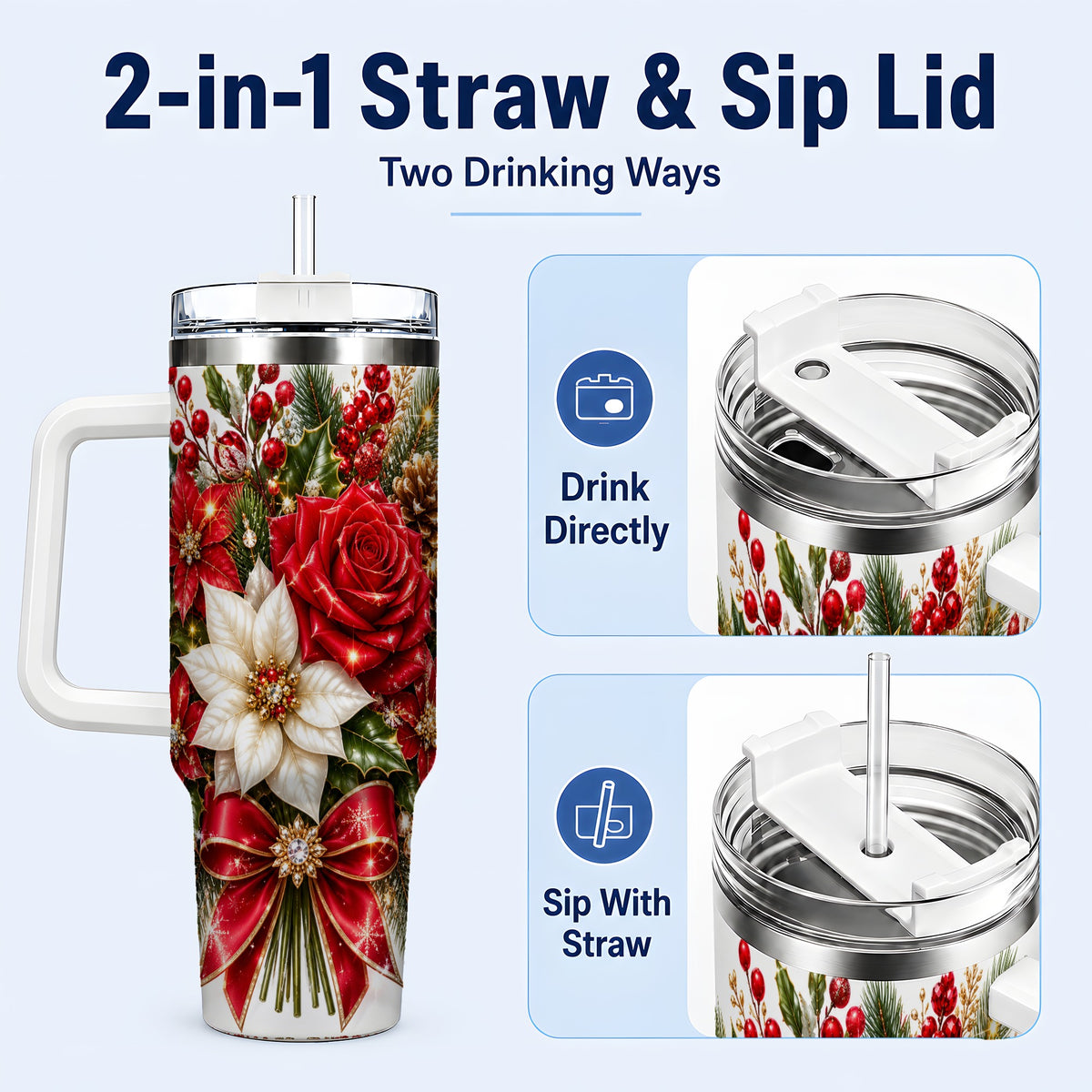 #pl[40oz|White] Christmas Rose 40oz Tumbler with Handle, Festive Poinsettia Artwork