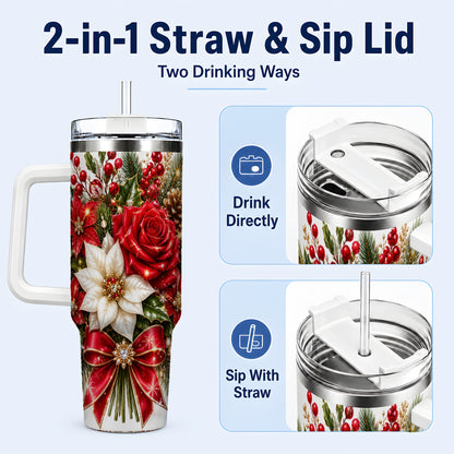 #pl[40oz|White] Christmas Rose 40oz Tumbler with Handle, Festive Poinsettia Artwork