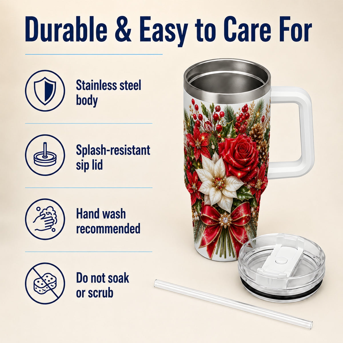 Christmas Rose 40oz Tumbler with Handle, Festive Poinsettia Artwork