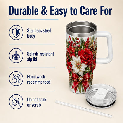 Christmas Rose 40oz Tumbler with Handle, Festive Poinsettia Artwork