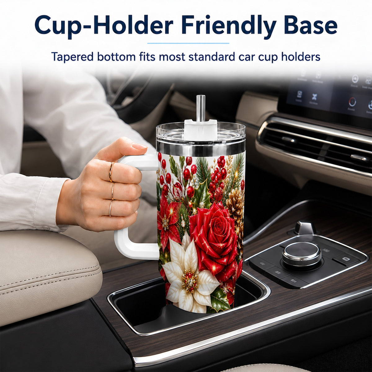 Christmas Rose 40oz Tumbler with Handle, Festive Poinsettia Artwork