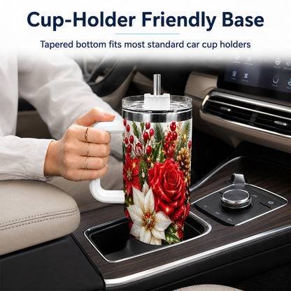 Christmas Rose 40oz Tumbler with Handle, Festive Poinsettia Artwork