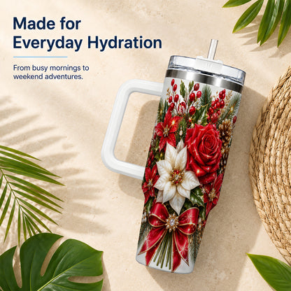 Christmas Rose 40oz Tumbler with Handle, Festive Poinsettia Artwork