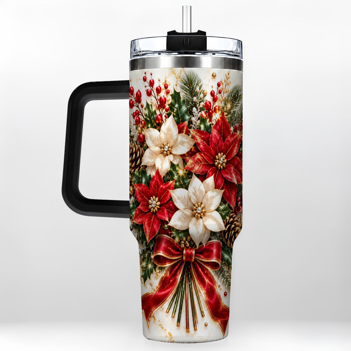 #pl[40oz|Black] Red White Poinsettia 40oz Tumbler with Handle, Christmas Floral Design