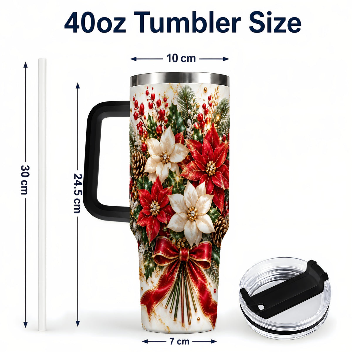 #pl[40oz|Black] Red White Poinsettia 40oz Tumbler with Handle, Christmas Floral Design