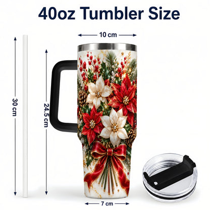 #pl[40oz|Black] Red White Poinsettia 40oz Tumbler with Handle, Christmas Floral Design