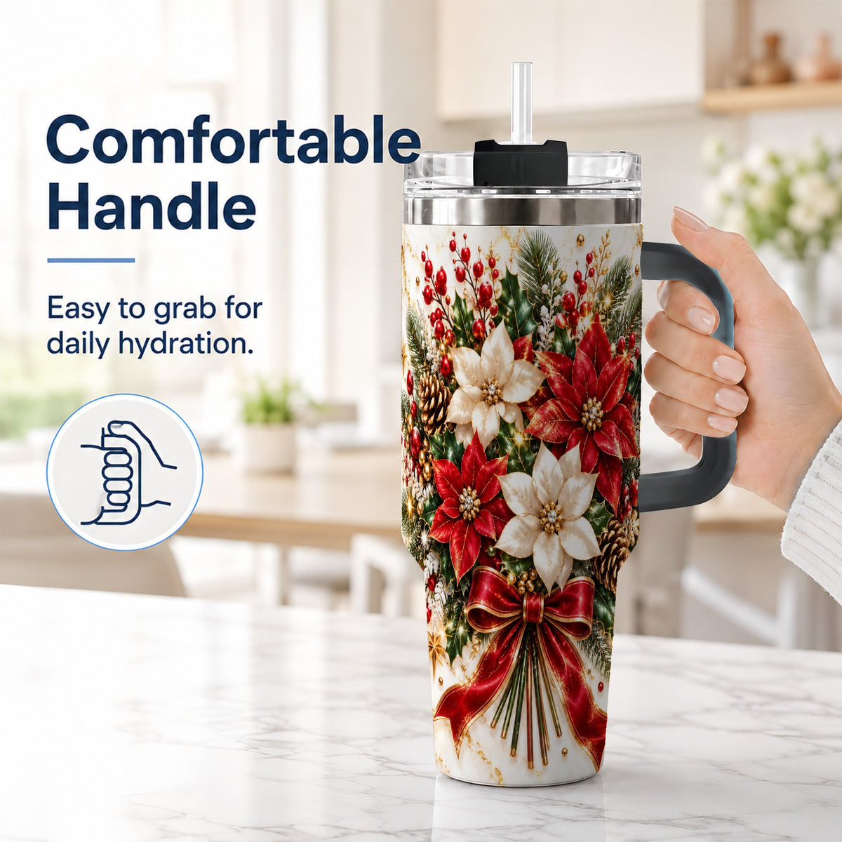 #pl[40oz|Black] Red White Poinsettia 40oz Tumbler with Handle, Christmas Floral Design