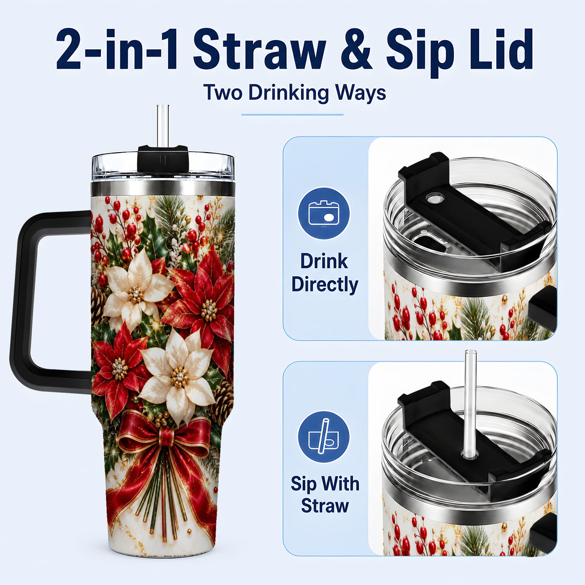 #pl[40oz|Black] Red White Poinsettia 40oz Tumbler with Handle, Christmas Floral Design