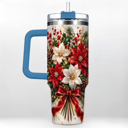 #pl[40oz|Blue] Red White Poinsettia 40oz Tumbler with Handle, Christmas Floral Design