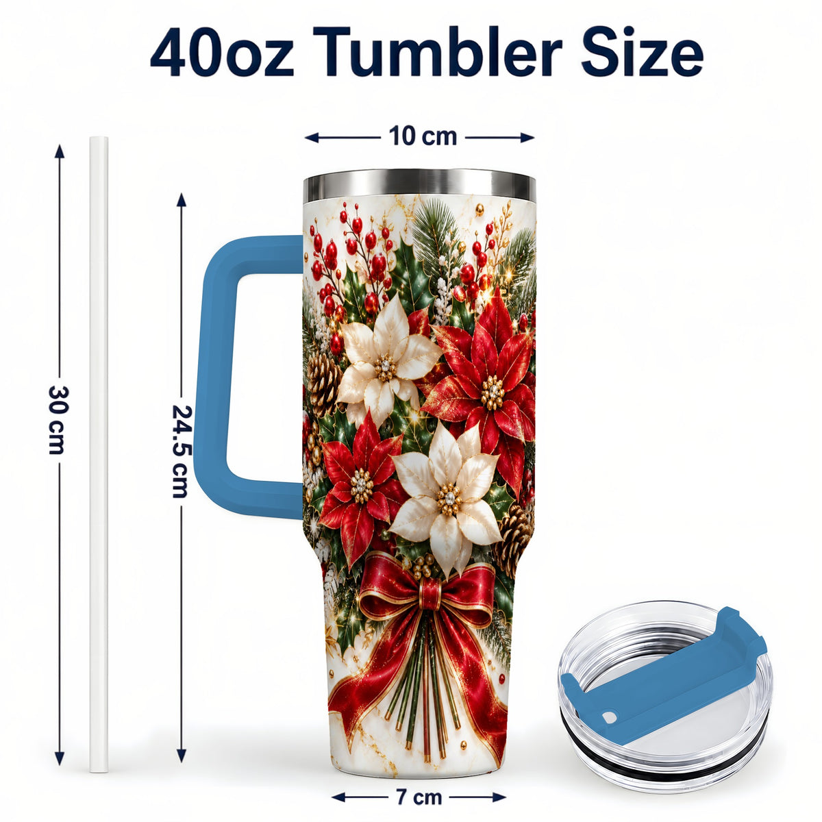 #pl[40oz|Blue] Red White Poinsettia 40oz Tumbler with Handle, Christmas Floral Design