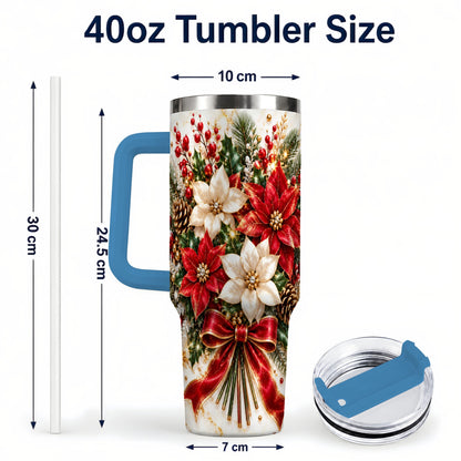 #pl[40oz|Blue] Red White Poinsettia 40oz Tumbler with Handle, Christmas Floral Design