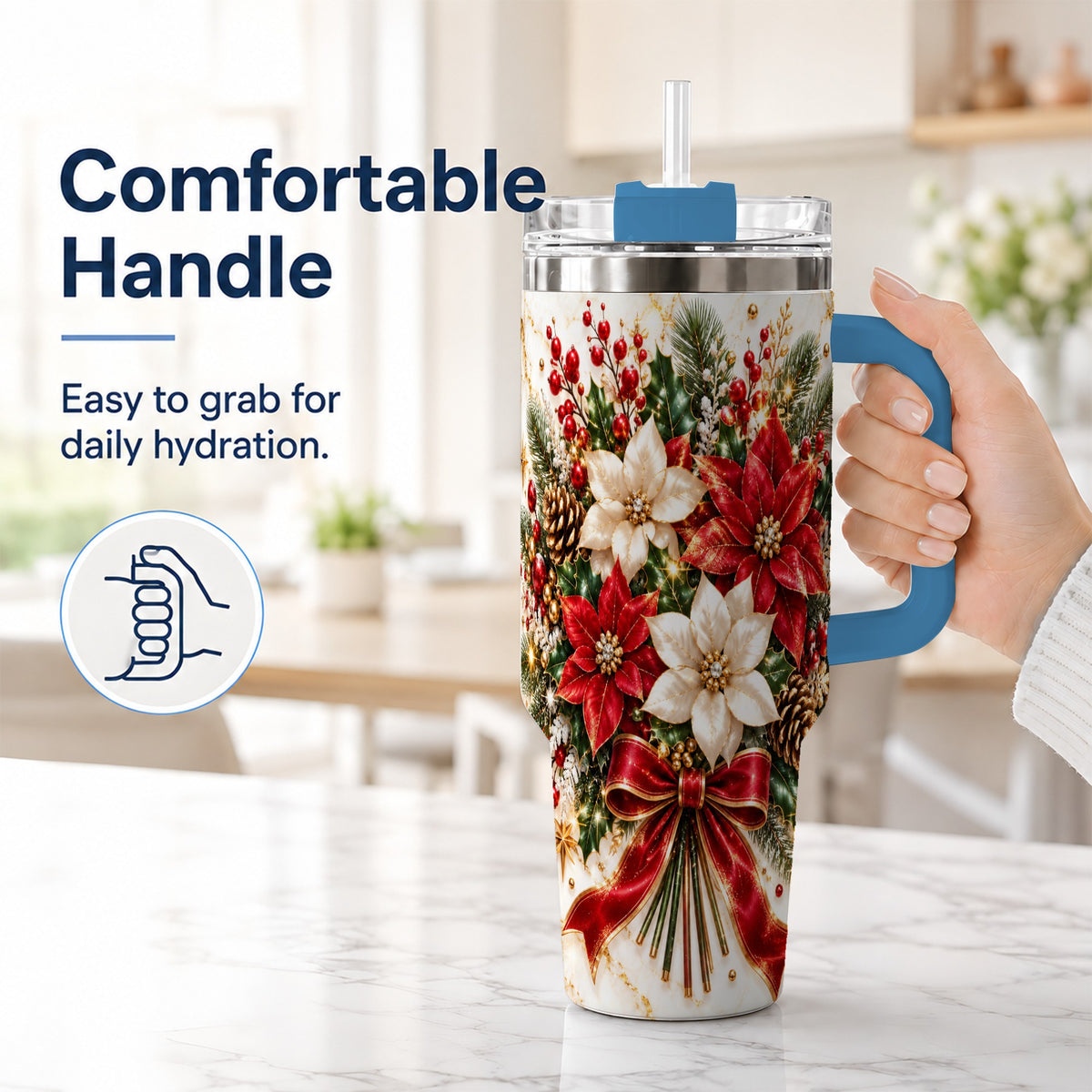 #pl[40oz|Blue] Red White Poinsettia 40oz Tumbler with Handle, Christmas Floral Design