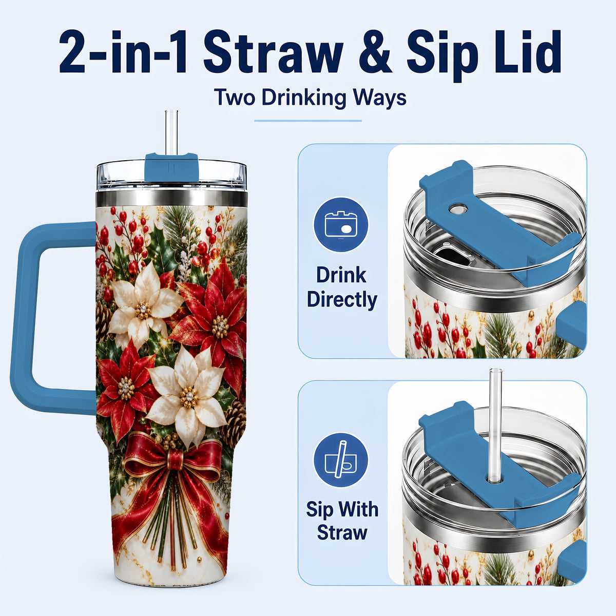 #pl[40oz|Blue] Red White Poinsettia 40oz Tumbler with Handle, Christmas Floral Design