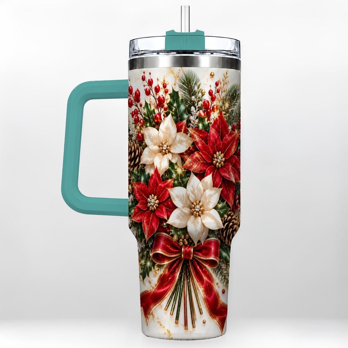 #pl[40oz|Green] Red White Poinsettia 40oz Tumbler with Handle, Christmas Floral Design