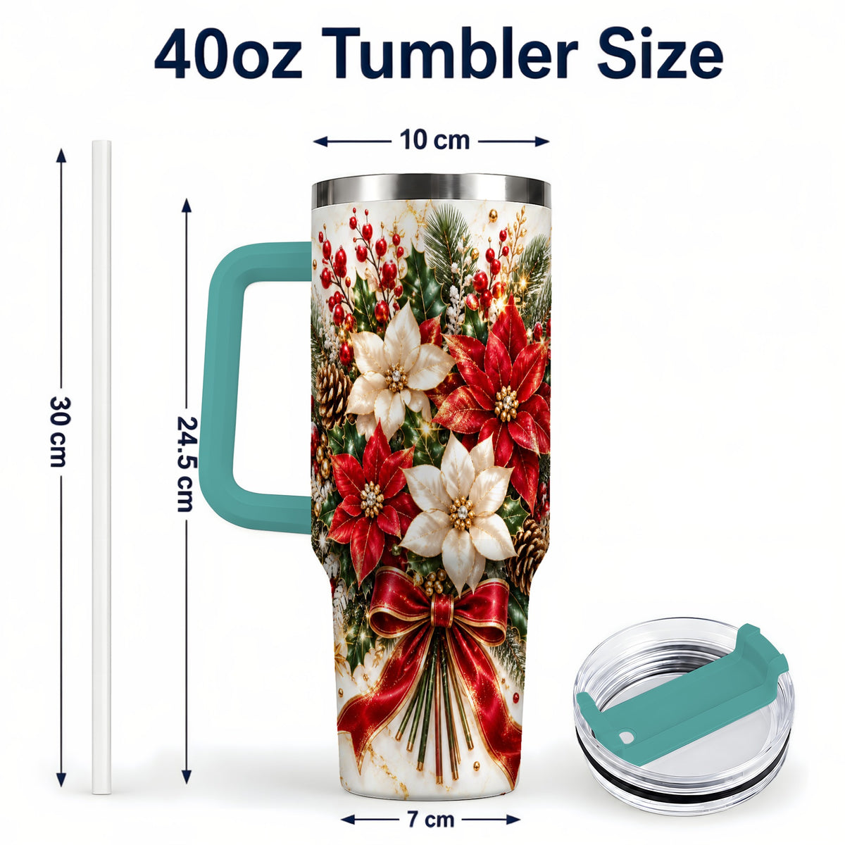 #pl[40oz|Green] Red White Poinsettia 40oz Tumbler with Handle, Christmas Floral Design