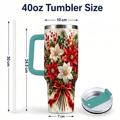 #pl[40oz|Green] Red White Poinsettia 40oz Tumbler with Handle, Christmas Floral Design