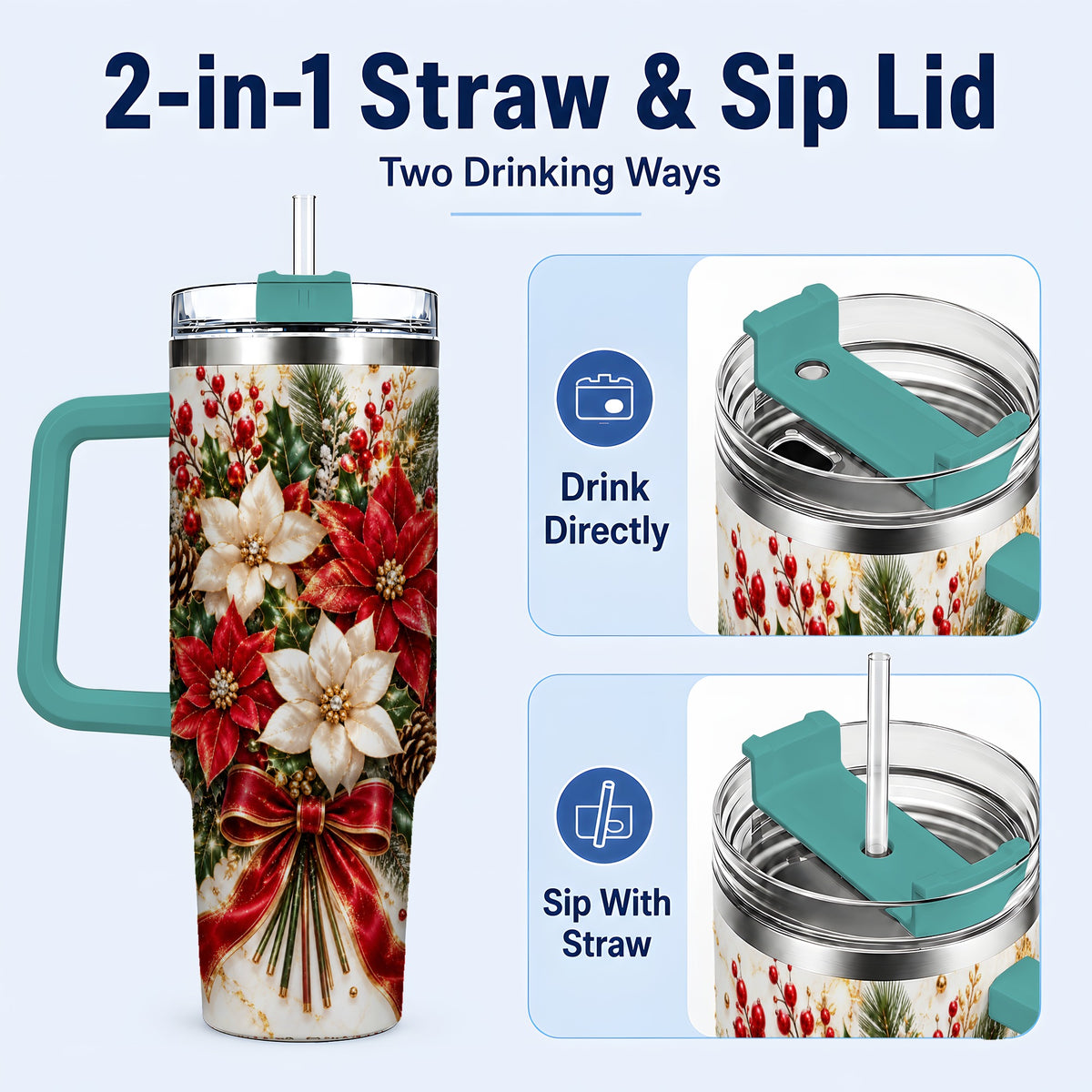 #pl[40oz|Green] Red White Poinsettia 40oz Tumbler with Handle, Christmas Floral Design