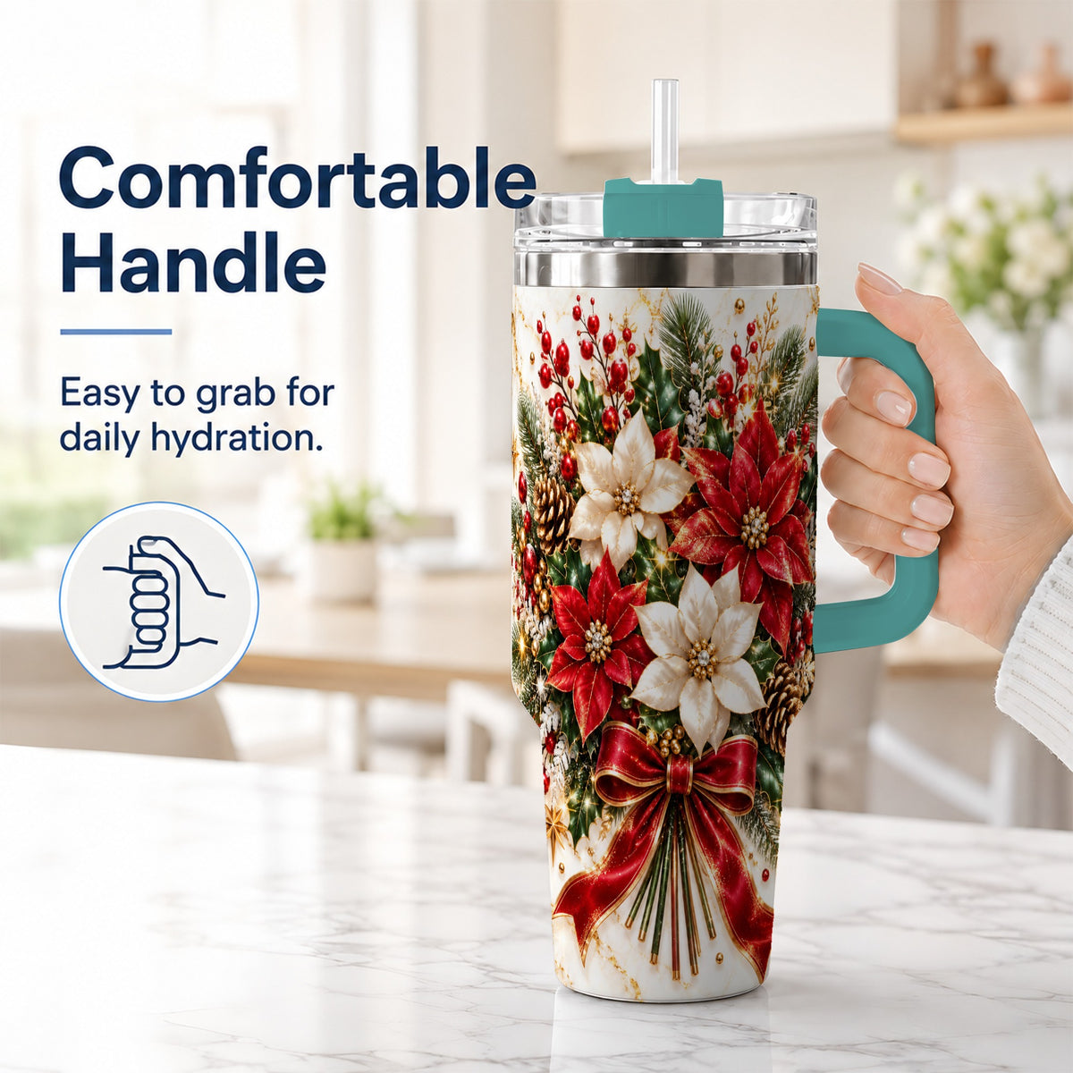 #pl[40oz|Green] Red White Poinsettia 40oz Tumbler with Handle, Christmas Floral Design