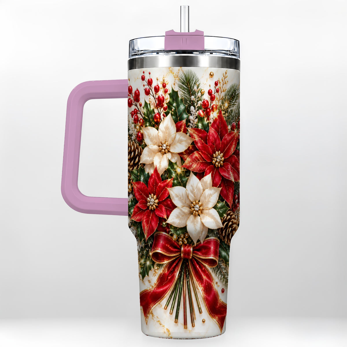#pl[40oz|Pink] Red White Poinsettia 40oz Tumbler with Handle, Christmas Floral Design