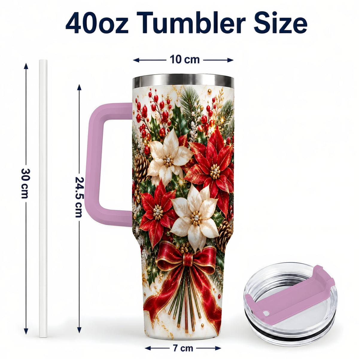 #pl[40oz|Pink] Red White Poinsettia 40oz Tumbler with Handle, Christmas Floral Design