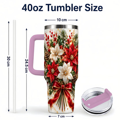 #pl[40oz|Pink] Red White Poinsettia 40oz Tumbler with Handle, Christmas Floral Design