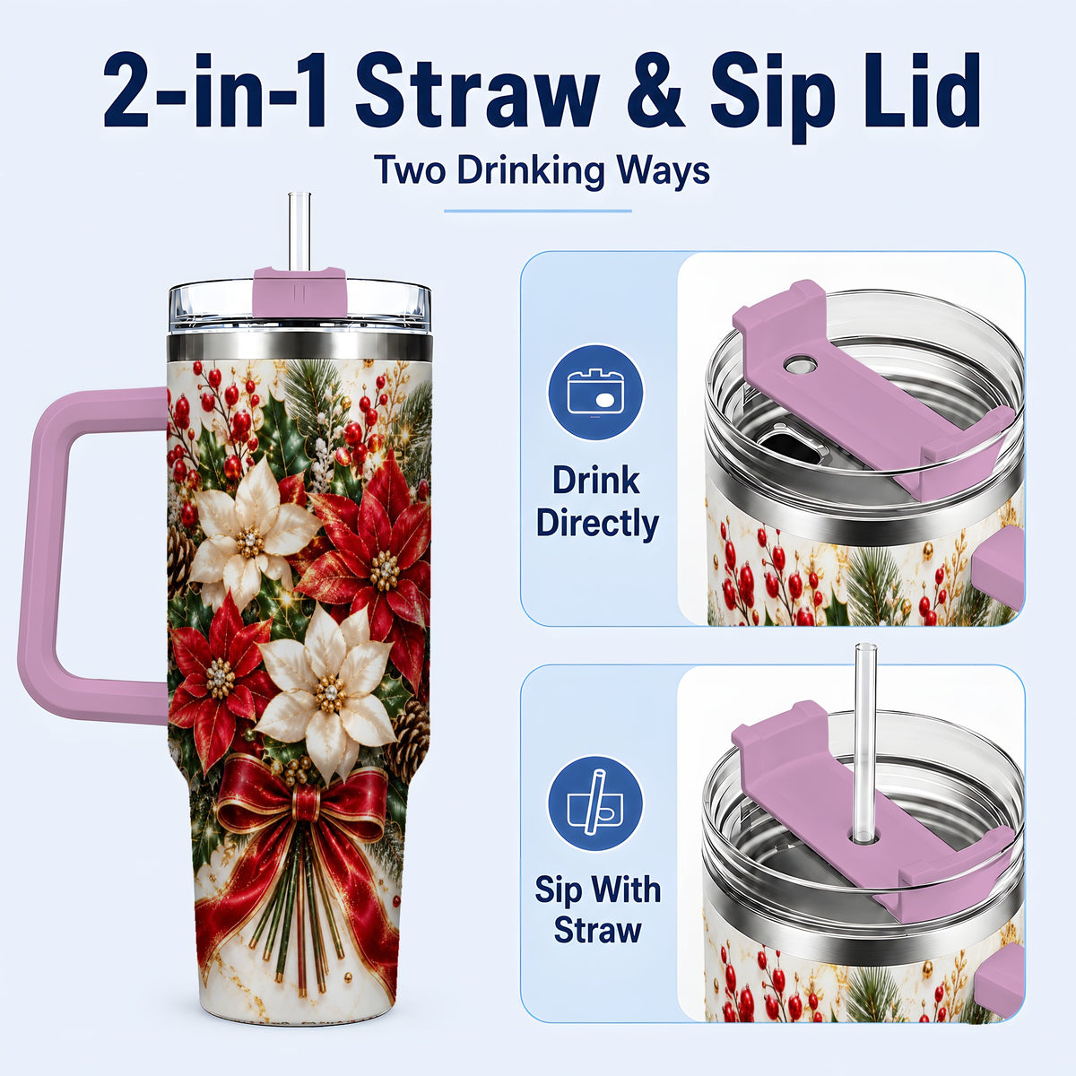 #pl[40oz|Pink] Red White Poinsettia 40oz Tumbler with Handle, Christmas Floral Design