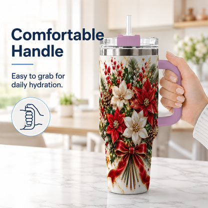 #pl[40oz|Pink] Red White Poinsettia 40oz Tumbler with Handle, Christmas Floral Design